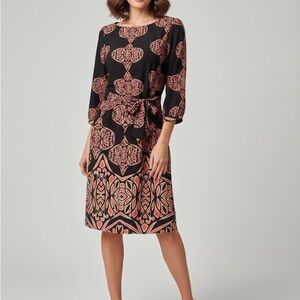Boho Medallion Geometric Print Sheath Dress with Waist Tie - Brown & Rose